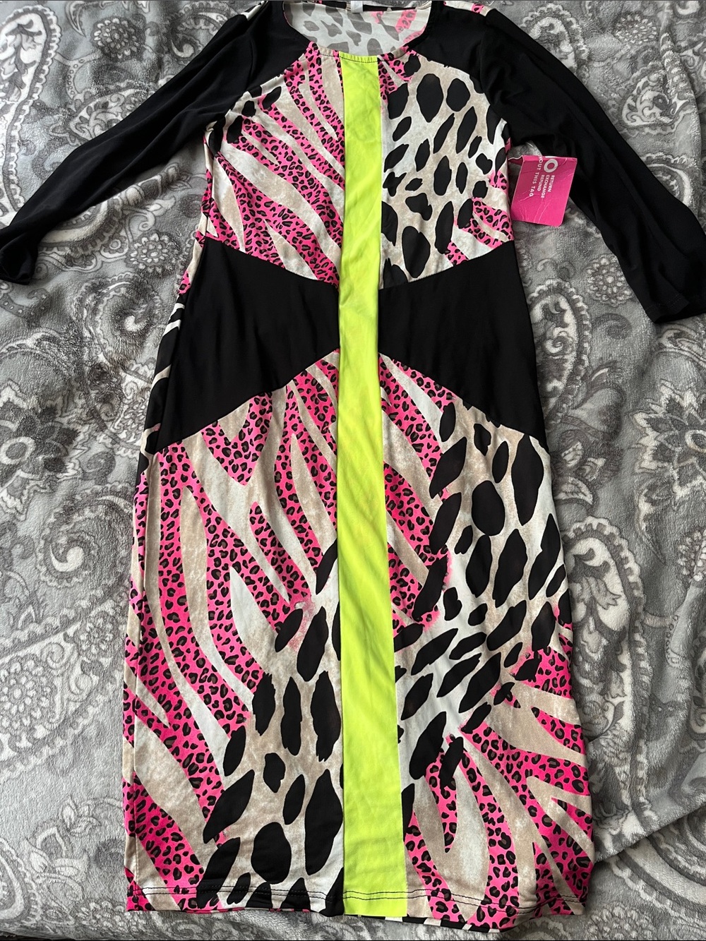 Auditions Neon Yellow, Hot Pink and Black Animal Print Midi Dress